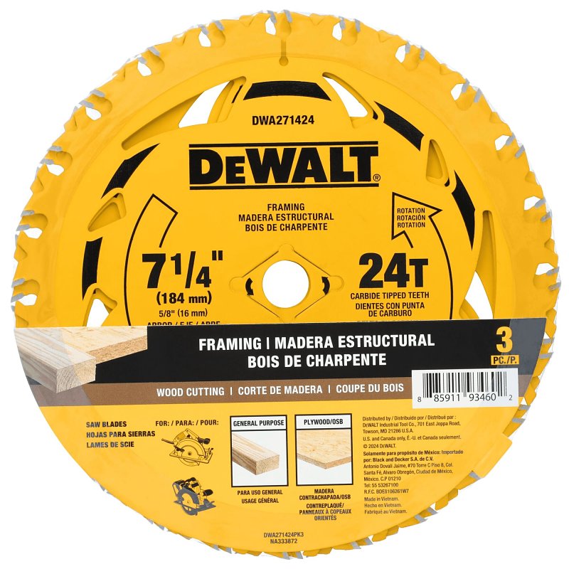 DEWALT DEWALT DWA271424PK3 Circular Saw Blade, 7-1/4 in Dia, 5/8 in Arbor, 24-Teeth, Carbide Cutting Edge TOOLS DEWALT