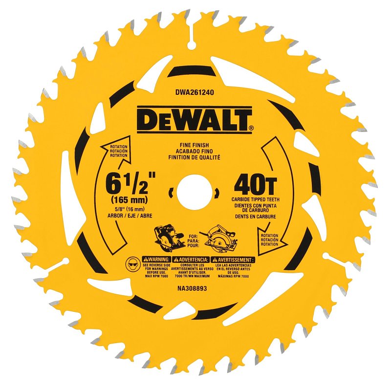 DEWALT DEWALT DWA261240B10 Circular Saw Blade, 6-1/2 in Dia, 5/8 in Arbor, 40-Teeth, Carbide Cutting Edge