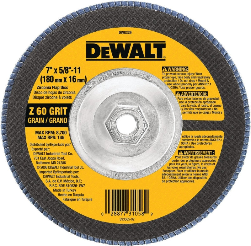 DEWALT DEWALT DW8329 Flap Disc, 7 in Dia, 5/8-11 Arbor, Coated, 60 Grit, Medium, Zirconium Oxide Abrasive, Fiberglass Backing