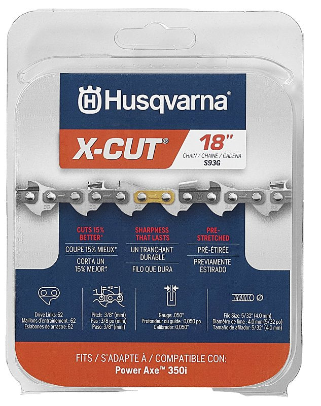 HUSQVARNA Husqvarna X-CUT S93G 597469562 Chainsaw Chain, Semi Chisel Chain, 18 in L Bar, 0.05 ga Gauge, 3/8 in TPI/Pitch
