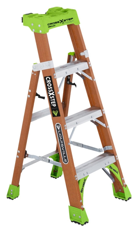 LOUISVILLE LADDER Louisville FXS1504 Cross Step Ladder, 4 ft H, Type IA Duty Rating, Fiberglass, 300 lb, 4-Step, 102 in Max Reach