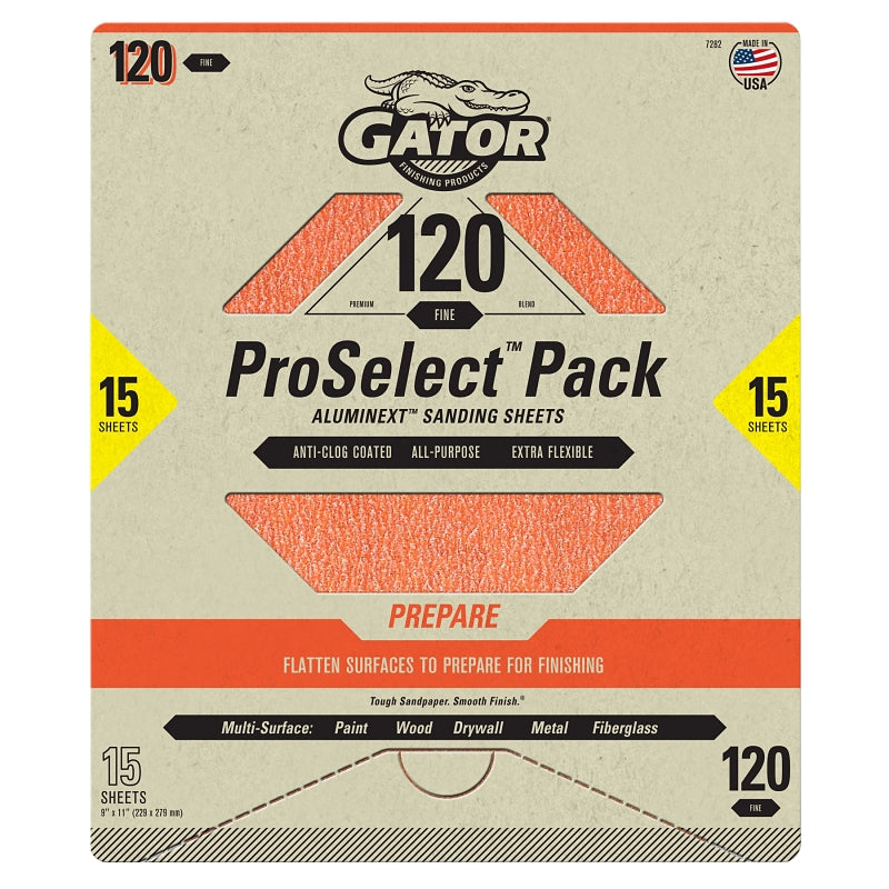 GATOR Gator 7282 Sanding Sheet, 11 in L, 9 in W, Fine, 120 Grit, Aluminum Oxide Abrasive