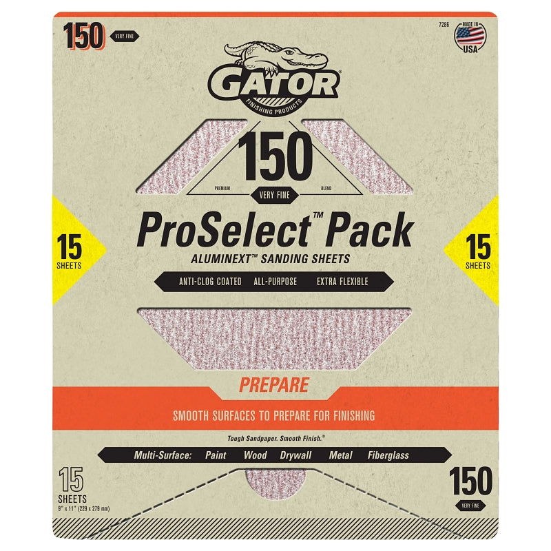 GATOR Gator 7286 Sanding Sheet, 11 in L, 9 in W, Very Fine, 150 Grit, Aluminum Oxide Abrasive