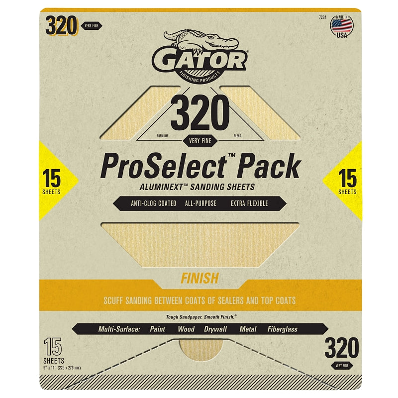GATOR Gator 7284 Sanding Sheet, 11 in L, 9 in W, Very Fine, 320 Grit, Aluminum Oxide Abrasive PAINT GATOR