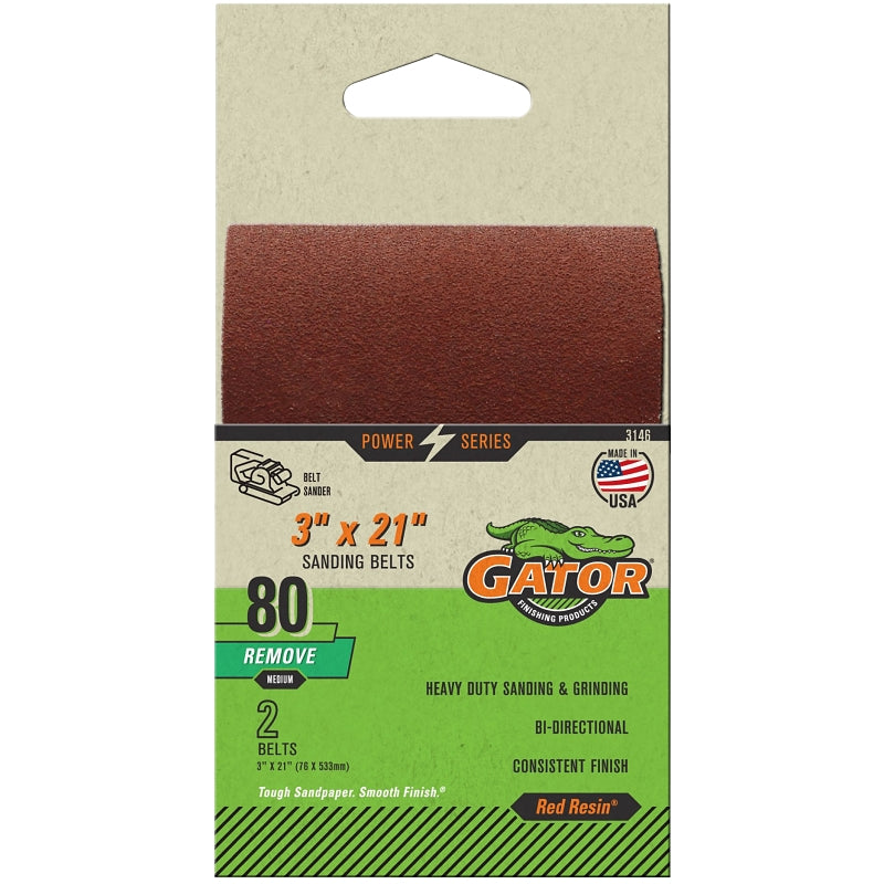 GATOR Gator Red Resin 3146 Sanding Belt, 3 in W, 21 in L, 80 Grit, Medium, Aluminum Oxide Abrasive