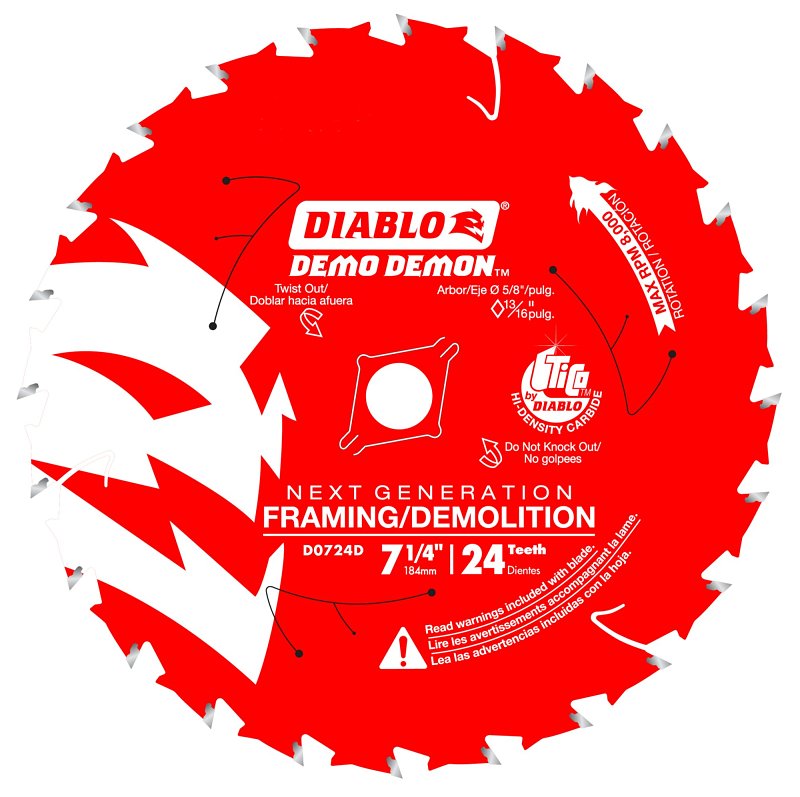 DIABLO Diablo D0724DA Circular Saw Blade, 7-1/4 in Dia, 5/8 in Arbor, 24-Teeth, Carbide Cutting Edge, 10,000 rpm TOOLS DIABLO