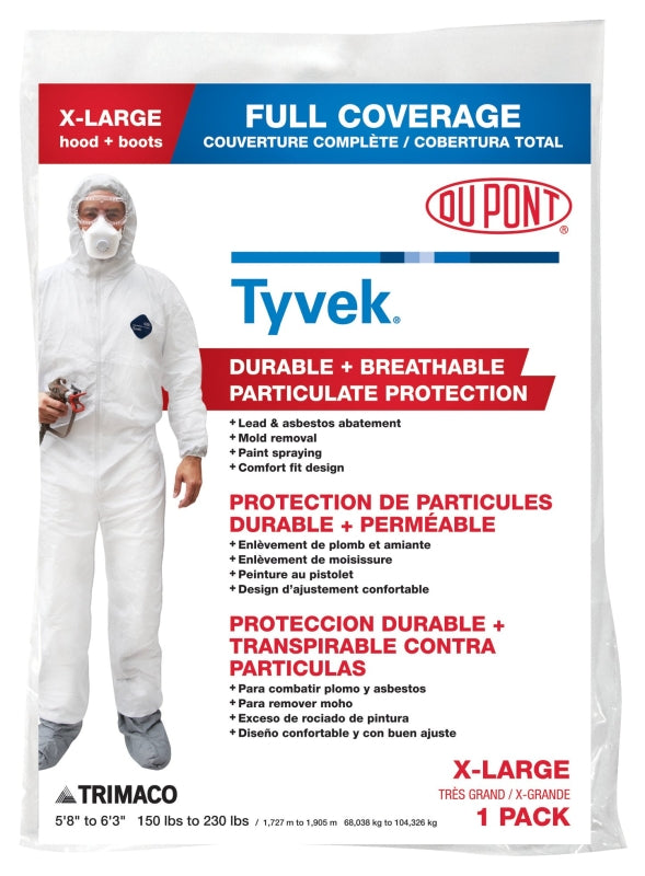 TRIMACO Trimaco COLORmaxx 141232/12 Protective Coveralls with Hood and Boots, XL, Zipper Closure, Tyvek, White