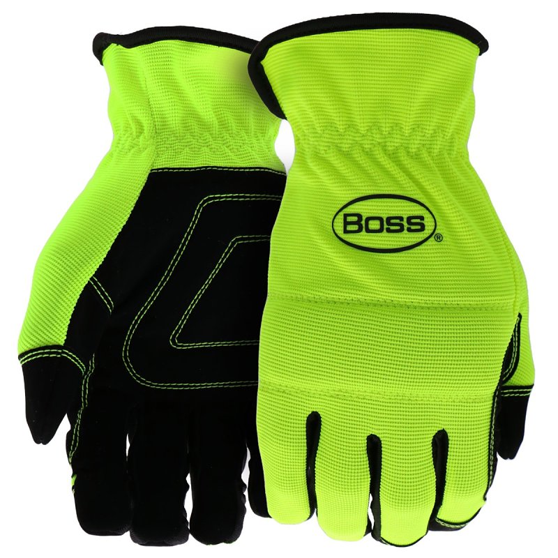 BOSS MFG Boss Task Series B52121-L Mechanic's Gloves, L, Reinforced Thumb, Slip-On Cuff, Synthetic Leather, Hi-Viz Yellow