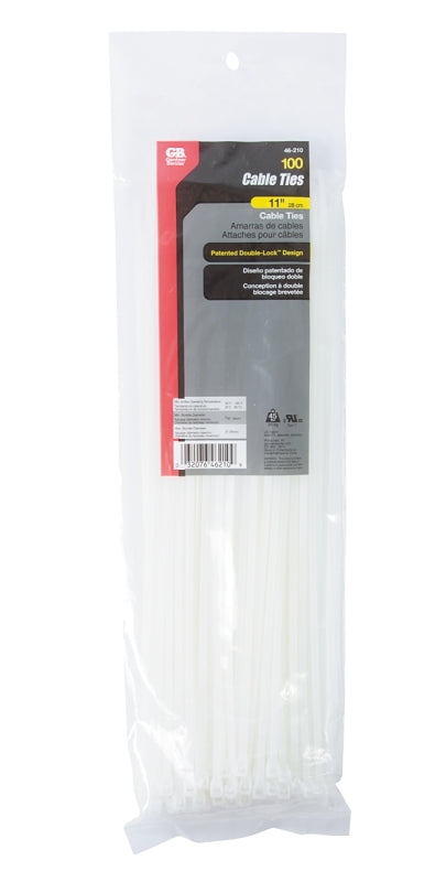 GB Gardner Bender 46-210 Cable Tie, 0.27 in Max Bundle Dia, Double-Lock Locking, Nylon, Natural, 11 in L, 100/BAG