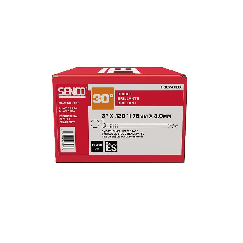 SENCO Senco HC27APBX Series Collated Nail, Paper Tape Collation, 3 in L, Steel, Bright Basic, Offset Full Round Head.