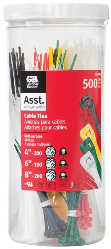 GB Gardner Bender 50398 Cable Tie, Double-Lock Locking, 4 in, 6 in, 8 in L, 500/PK