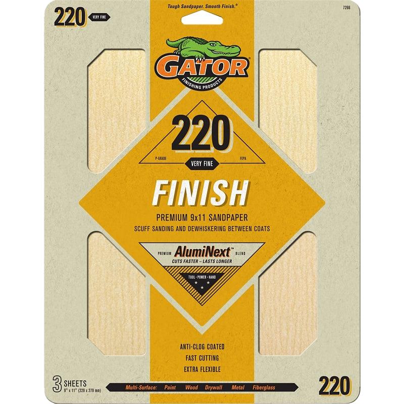 GATOR Gator AlumiNext 7266 Sanding Sheet, 11 in L, 9 in W, 220 Grit, Extra Fine, Aluminum Oxide Abrasive PAINT GATOR