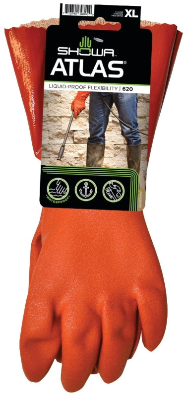 SHOWA Showa 620XL-10.RT Coated Gloves, XL, 12 in L, Gauntlet Cuff, PVC, Orange