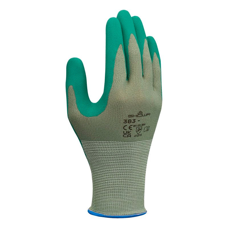 SHOWA Showa 383-M/07 Coated Gloves, M, 230 mm L, Nitrile Coating, Polyester, Green