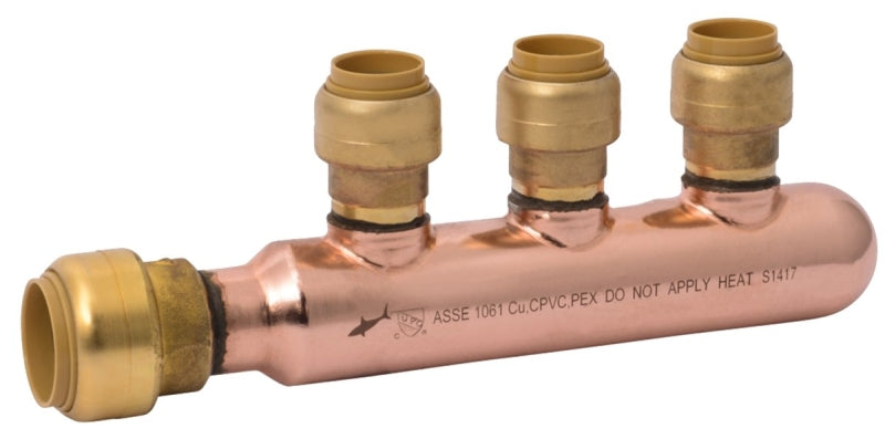 SHARKBITE SharkBite 25553LF Closed Multi-Port Manifold Tee, 6.97 in OAL, 3/4 in Inlet, 3-Outlet, 1/2 in Outlet, DZR Brass PLUMBING, HEATING & VENTILATION SHARKBITE