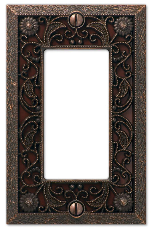 AMERELLE Amerelle Filigree Series 65RDB Wallplate, 4.45 in L, 2.8 in W, 1-Gang, Metal, Aged Bronze