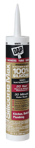 DAP DAP 08667 Kitchen and Bath Sealant, Gloss White, 24 hr Curing, -35 to 140 deg F, 10.1 fl-oz Cartridge, Tube PAINT DAP