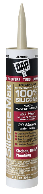 DAP DAP SILICONE MAX 08793 Kitchen and Bath Sealant, Gloss Almond, 24 hr Curing, -35 to 140 deg F, 10.1 fl-oz Cartridge/Tube