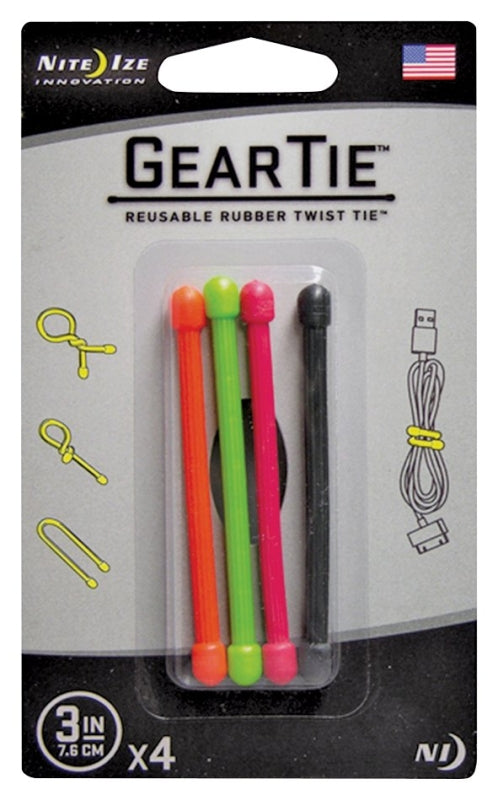 NITE IZE Gear Tie GT3-4PK-A1 Twist Tie, Rubber, Assorted, 3 in L ELECTRICAL NITE IZE