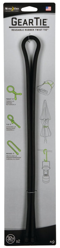 NITE IZE Gear Tie GT32-2PK-01 Twist Tie, Rubber, Black, 32 in L