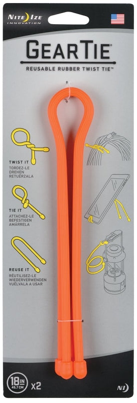 NITE IZE Gear Tie GT18-2PK-31 Twist Tie, Rubber, Bright Orange, 18 in L, 0.4 in W, 2/PK ELECTRICAL NITE IZE