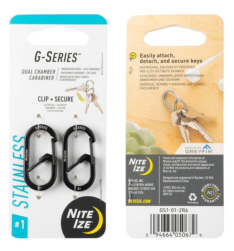 NITE IZE Nite Ize G Series GS1-01-2R6 Dual Carabiner, 1.42 in OAL, Stainless Steel, Black
