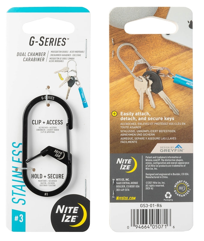 NITE IZE Nite Ize G Series GS3-01-R6 Dual Carabiner, 2.51 in OAL, Stainless Steel, Black