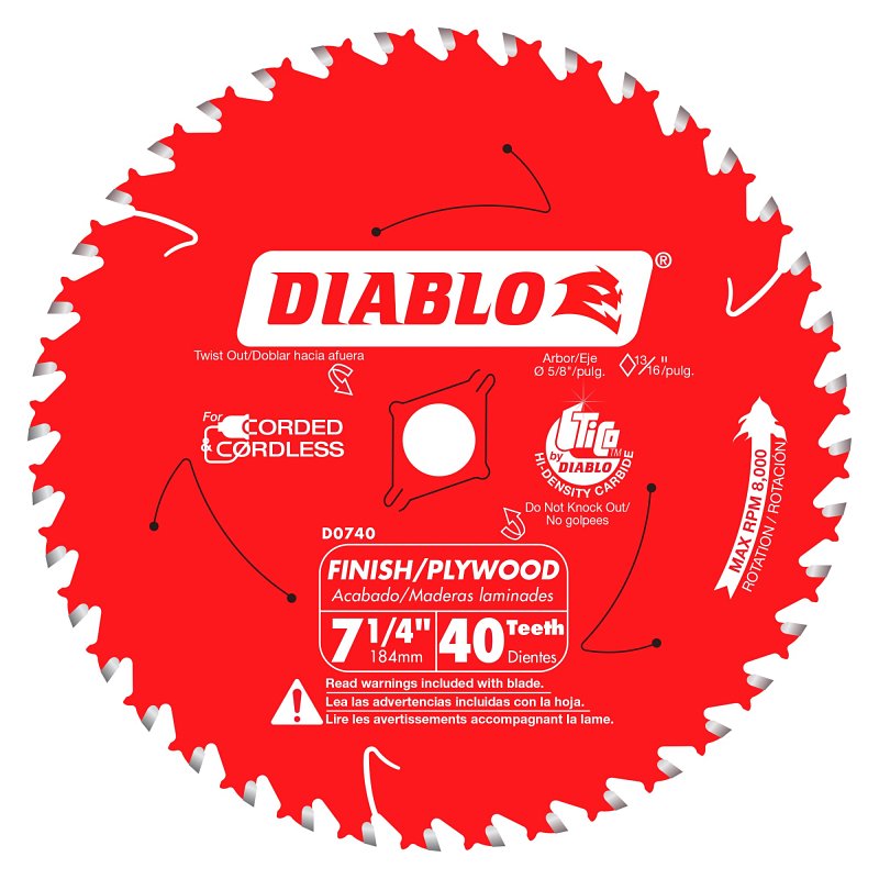 DIABLO Diablo D0740X Circular Saw Blade, 7-1/4 in Dia, 5/8 in Arbor, 40-Teeth, Carbide Cutting Edge, Super Thin Kerf Teeth