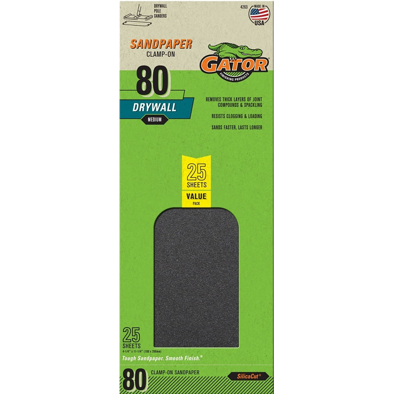 GATOR Gator SilicaCut 3310 Sanding Sheet, 11-1/4 in L, 4-1/4 in W, 80 Grit, Medium, Silicon Carbide Abrasive