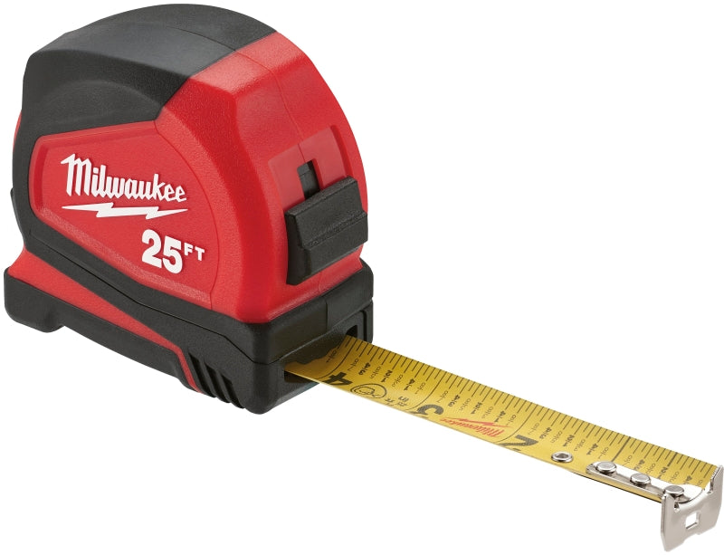 MILWAUKEE Milwaukee 48-22-1725 Compact Tape Measure, 25 ft L Blade, 1 in W Blade, Steel Blade, ABS Case, Black/Red Case