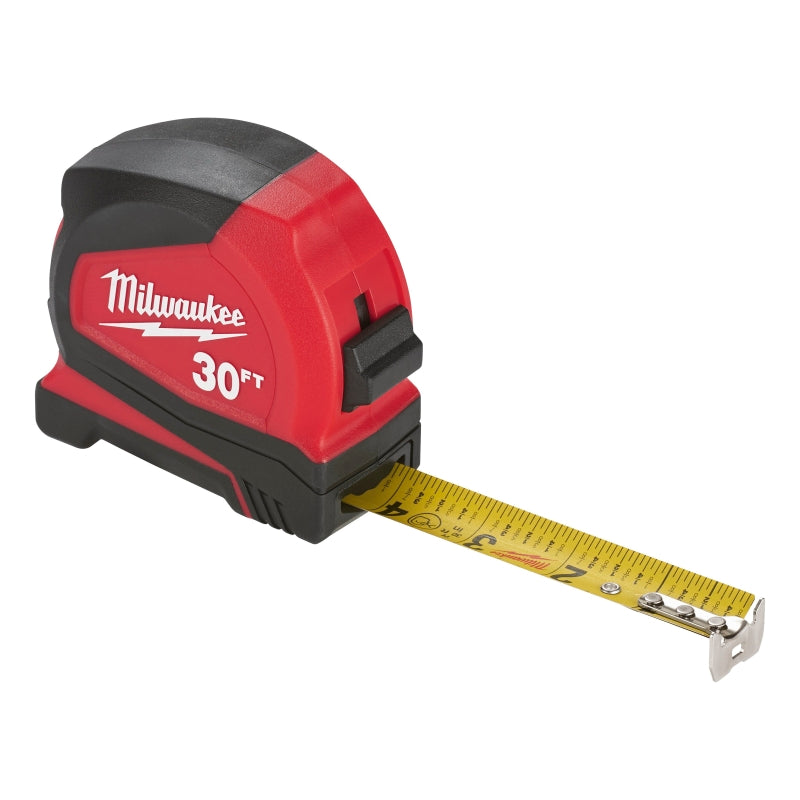 MILWAUKEE Milwaukee 48-22-1730 Compact Tape Measure, 30 ft L Blade, 1 in W Blade, Steel Blade, ABS Case, Black/Red Case