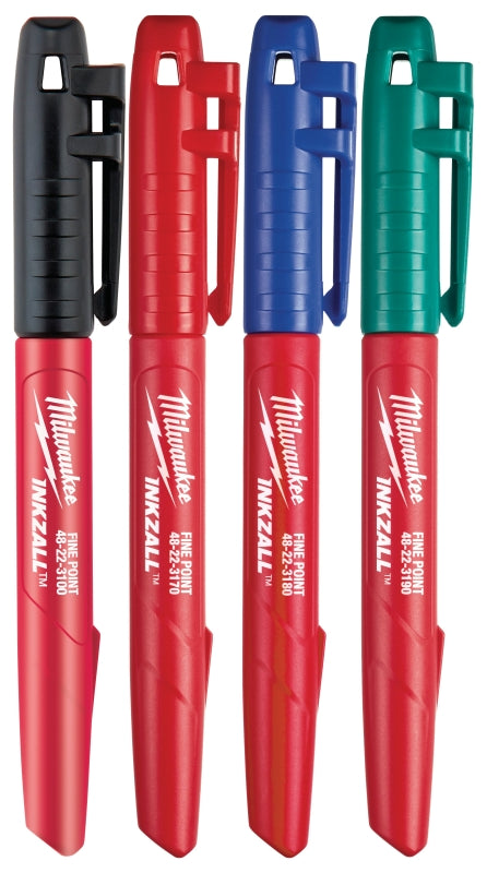 MILWAUKEE Milwaukee INKZALL Series 48-22-3106 Jobsite Marker Set, 1 mm Tip, Black/Blue/Green/Red, 5-1/2 in L