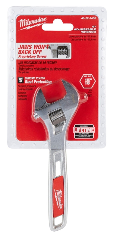 MILWAUKEE Milwaukee 48-22-7406 Adjustable Wrench, 6 in OAL, 15/16 in Jaw, Steel, Chrome, Ergonomic Handle TOOLS MILWAUKEE