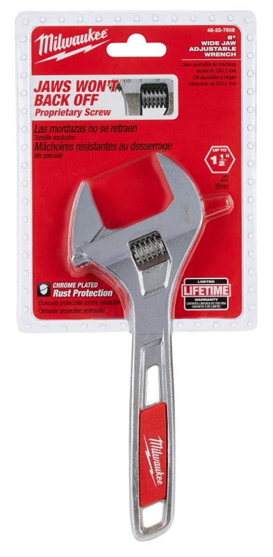 MILWAUKEE Milwaukee 48-22-7508 Adjustable Wrench, 8 in OAL, 1-1/2 in Jaw, Steel, Chrome, Ergonomic Handle TOOLS MILWAUKEE
