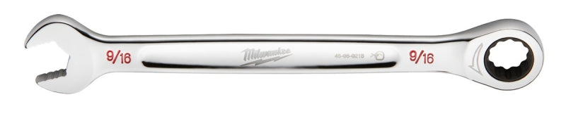 MILWAUKEE Milwaukee 45-96-9218 Ratcheting Combination Wrench, SAE, 9/16 in Head, 7.8 in L, 12-Point, Steel, Chrome TOOLS MILWAUKEE