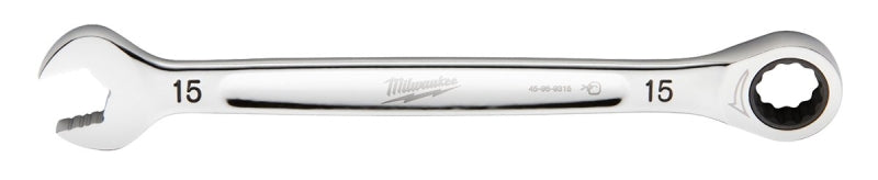 MILWAUKEE Milwaukee 45-96-9315 Ratcheting Combination Wrench, Metric, 15 mm Head, 8.17 in L, 12-Point, Steel, Chrome