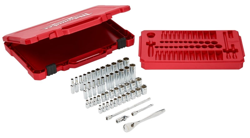 MILWAUKEE Milwaukee 48-22-9004 Ratchet and Socket Set, Chrome Vanadium Steel, Chrome-Plated, Red