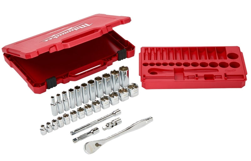 MILWAUKEE Milwaukee 48-22-9408 Ratchet and Socket Set, Steel, Chrome, Specifications: 3/8 in Drive TOOLS MILWAUKEE