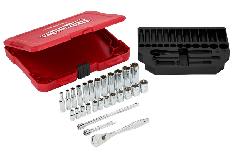MILWAUKEE Milwaukee 48-22-9504 Ratchet and Socket Set, Alloy Steel, Chrome, Specifications: 1/4 in Drive Size, Metric Measurement