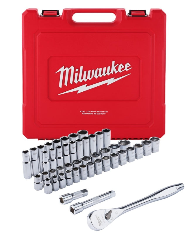 MILWAUKEE Milwaukee 48-22-9010 Ratchet and Socket Set, Alloy Steel, Specifications: 1/2 in Drive Size, SAE, Metric Measurement