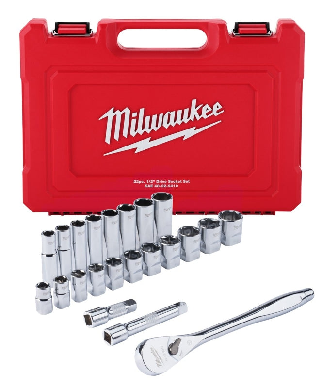 MILWAUKEE Milwaukee 48-22-9410 Ratchet and Socket Set, Alloy Steel, Specifications: 1/2 in Drive Size, SAE Measurement