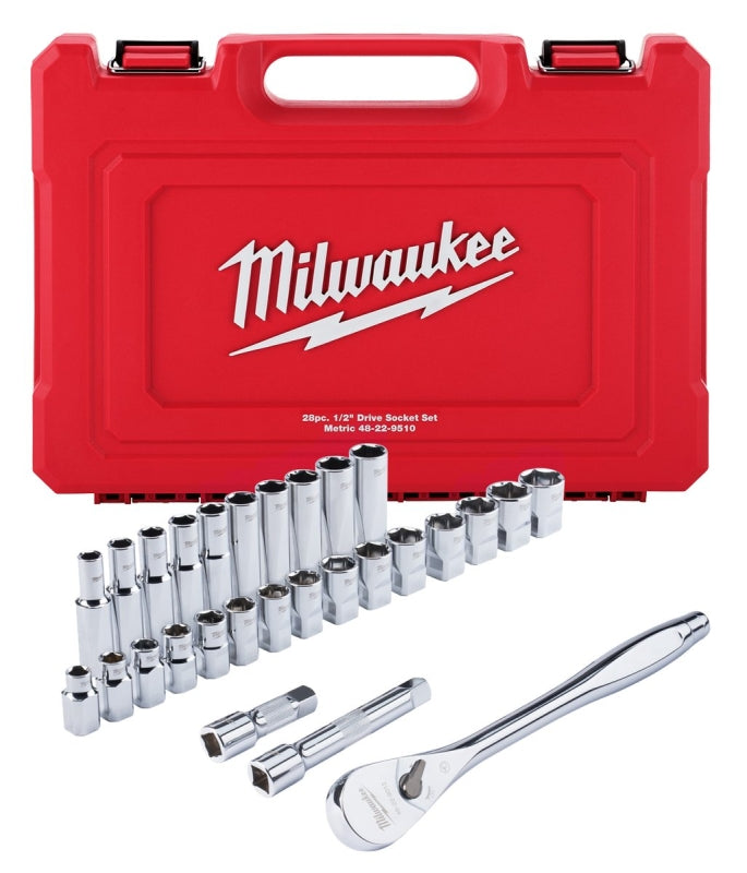 MILWAUKEE Milwaukee 48-22-9510 Ratchet and Socket Set, Alloy Steel, Specifications: 1/2 in Drive Size, Metric Measurement