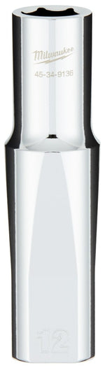 MILWAUKEE Milwaukee 45-34-9136 Socket, 12 mm Socket, Deep Socket, 0.85 in OAL, 1/2 in Drive, 6-Point, Chrome Vanadium Steel