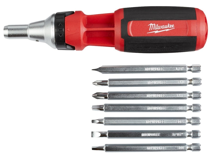 MILWAUKEE Milwaukee 48-22-2322 Ratcheting Multi-Bit Driver, 1/4 in Drive, Square Drive, 7 in OAL, Plastic Handle, Magnetic TOOLS MILWAUKEE