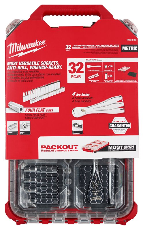 MILWAUKEE Milwaukee 48-22-9482 Ratchet and Socket Set, Chrome Vanadium Steel, Chrome-Plated