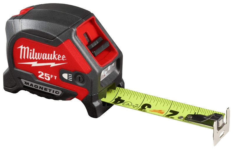 MILWAUKEE ELECTRICAL TO Milwaukee 48-22-0428 Magnetic Tape Measure with Rechargeable Light, 25 ft L Blade, 1-3/16 in W Blade, Steel Blade