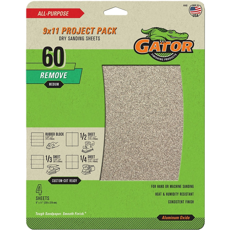 GATOR Gator 4440 Sanding Sheet, 11 in L, 9 in W, 60 Grit, Coarse, Aluminum Oxide Abrasive