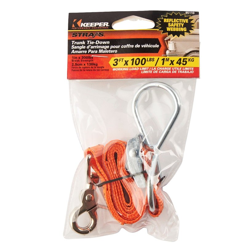 KEEPER Keeper 85110 Trunk Tie-Down, 1 in W, 3 ft L, Orange, 100 lb, Looped Hook, Snap Hook End Fitting