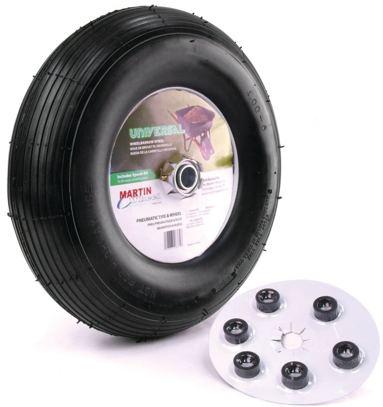 MARTIN WHEEL MARTIN Wheel 406TTRIB32 Wheelbarrow Wheel with Universal Hub, 13 in Dia Tire, 4 x 6 in Tire, Ribbed Tread