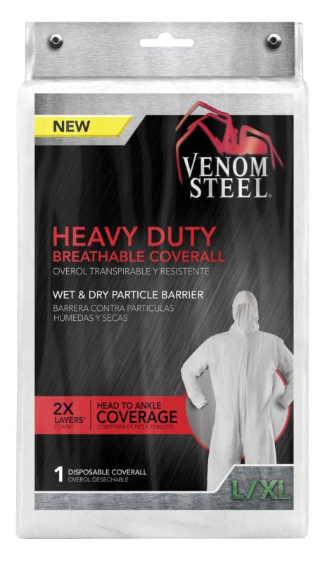 VENOM Venom Steel VENCV300 Coveralls with Hood, L/XL, Unisex, Zipper, Fabric, White